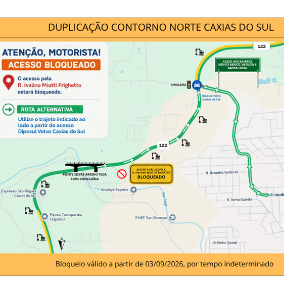 CSG bloqueia acesso à ERS-122 pela Rua Ivalino Miotti Frighetto, em Caxias do Sul, a partir desta quinta-feira